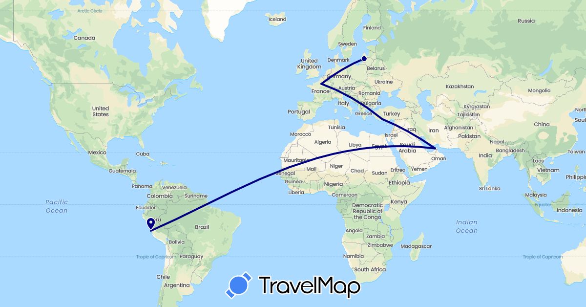 TravelMap itinerary: driving in United Arab Emirates, France, Lithuania, Peru, Turkey (Asia, Europe, South America)